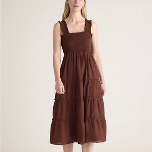 Quince 100% European Linen Smocked Midi Dress Brown Medium